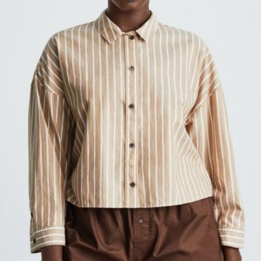 Everlane Women's Blue tan Striped Woven Cotton PJ Top Button Crop Size S